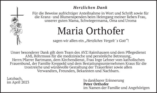 Traueranzeige von Maria Orthofer von merkurtz