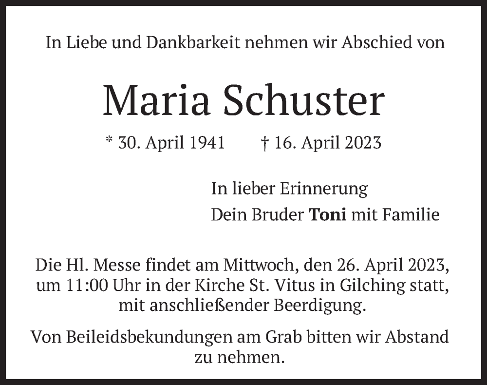  Traueranzeige für Maria Schuster vom 22.04.2023 aus merkurtz