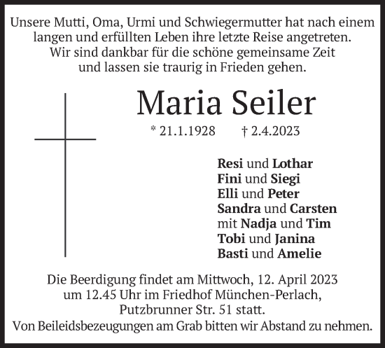 Traueranzeige von Maria Seiler von merkurtz