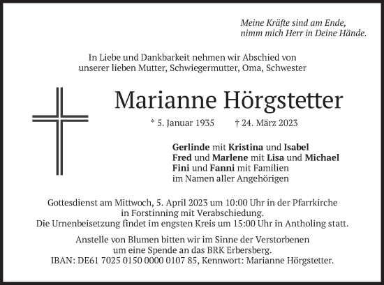 Traueranzeige von Marianne Hörgstetter von merkurtz