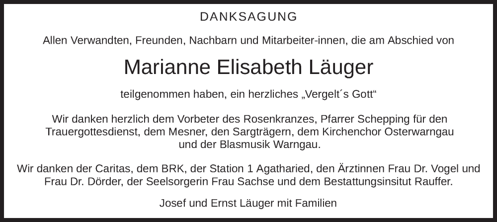  Traueranzeige für Marianne Elisabeth Läuger vom 01.04.2023 aus merkurtz