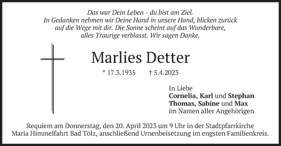 Traueranzeige von Marlies Detter von merkurtz