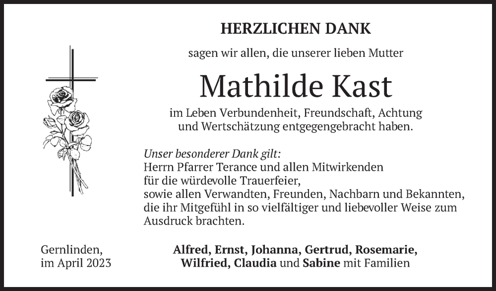  Traueranzeige für Mathilde Kast vom 15.04.2023 aus merkurtz