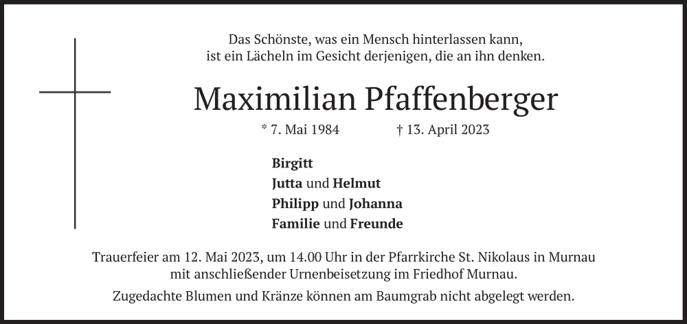  Traueranzeige für Maximilian Pfaffenberger vom 21.04.2023 aus merkurtz