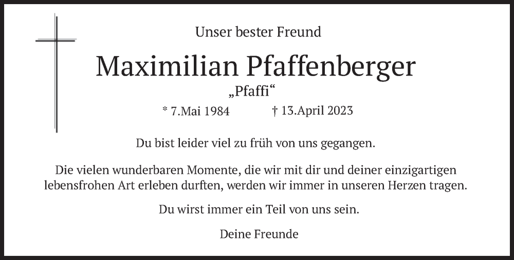  Traueranzeige für Maximilian Pfaffenberger vom 29.04.2023 aus merkurtz
