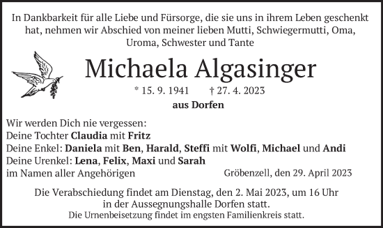Traueranzeige von Michaela Algasinger von merkurtz