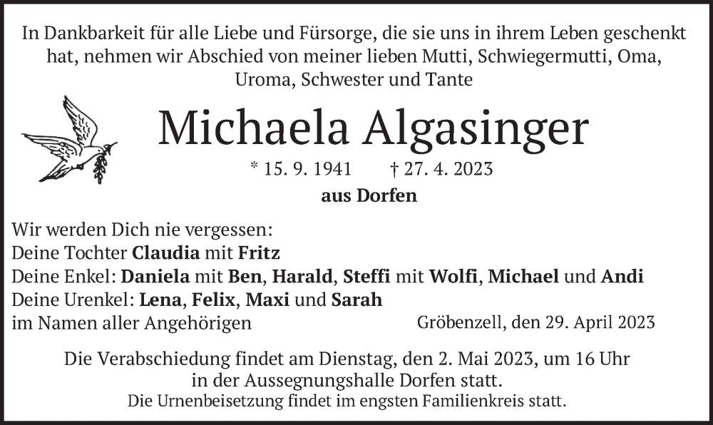 Traueranzeigen Von Michaela Algasinger | Trauer.merkur.de