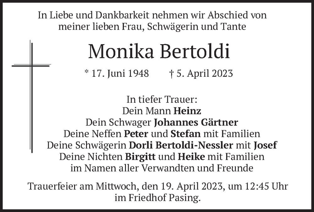  Traueranzeige für Monika Bertoldi vom 14.04.2023 aus merkurtz