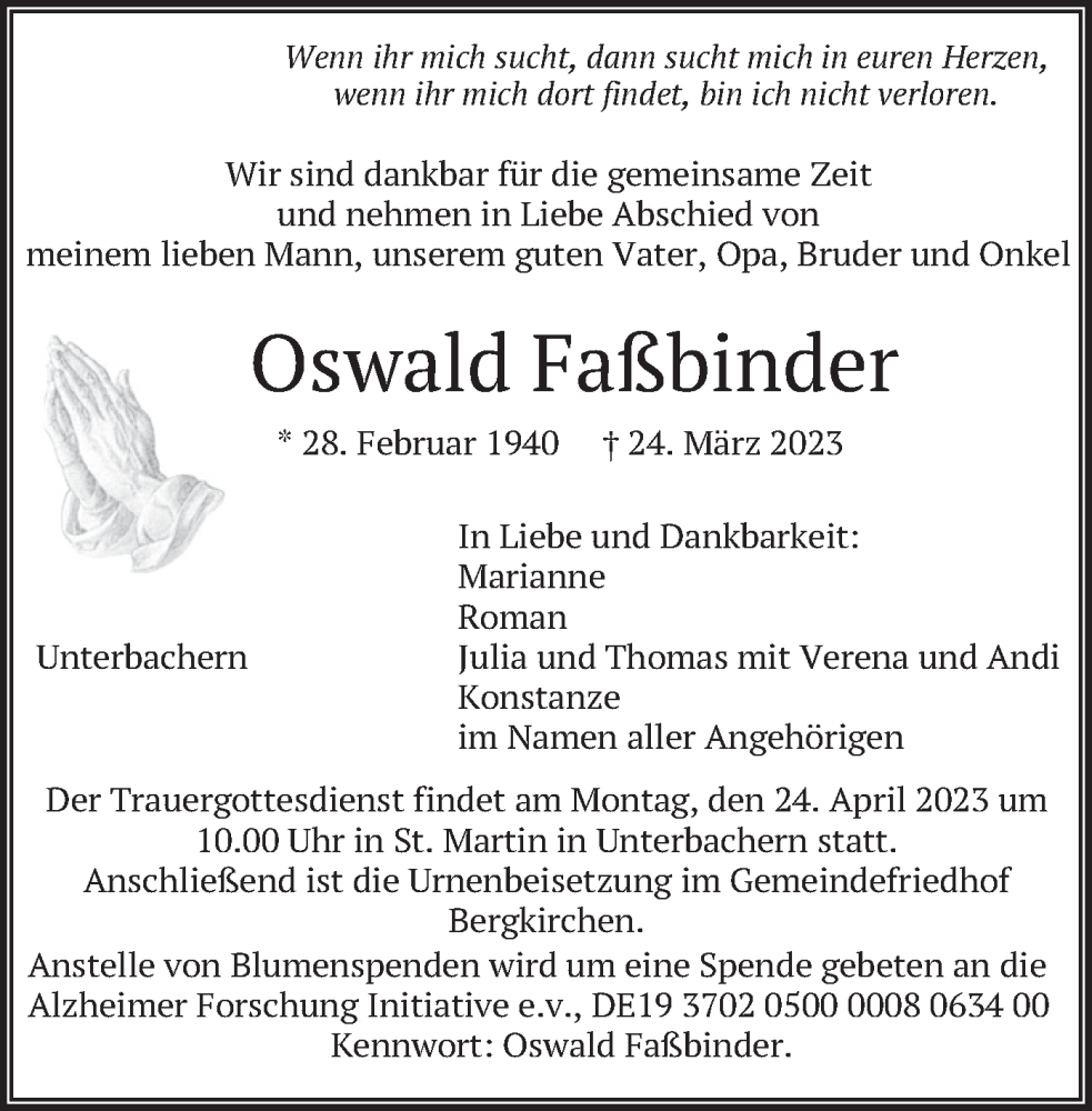  Traueranzeige für Oswald Faßbinder vom 15.04.2023 aus merkurtz