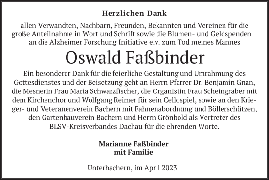 Traueranzeige von Oswald Faßbinder von merkurtz