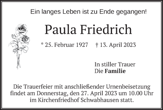 Traueranzeige von Paula Friedrich von merkurtz