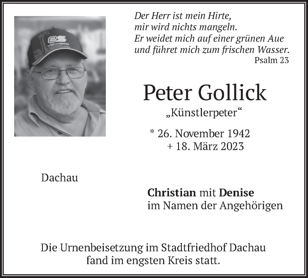  Traueranzeige für Peter Gollick vom 15.04.2023 aus merkurtz