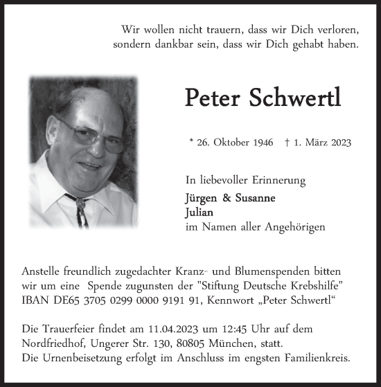 Traueranzeige von Peter Schwertl von merkurtz