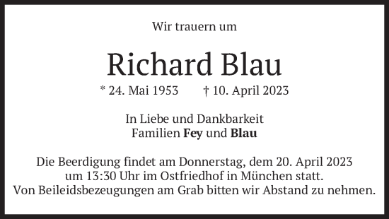 Traueranzeige von Richard Blau von merkurtz