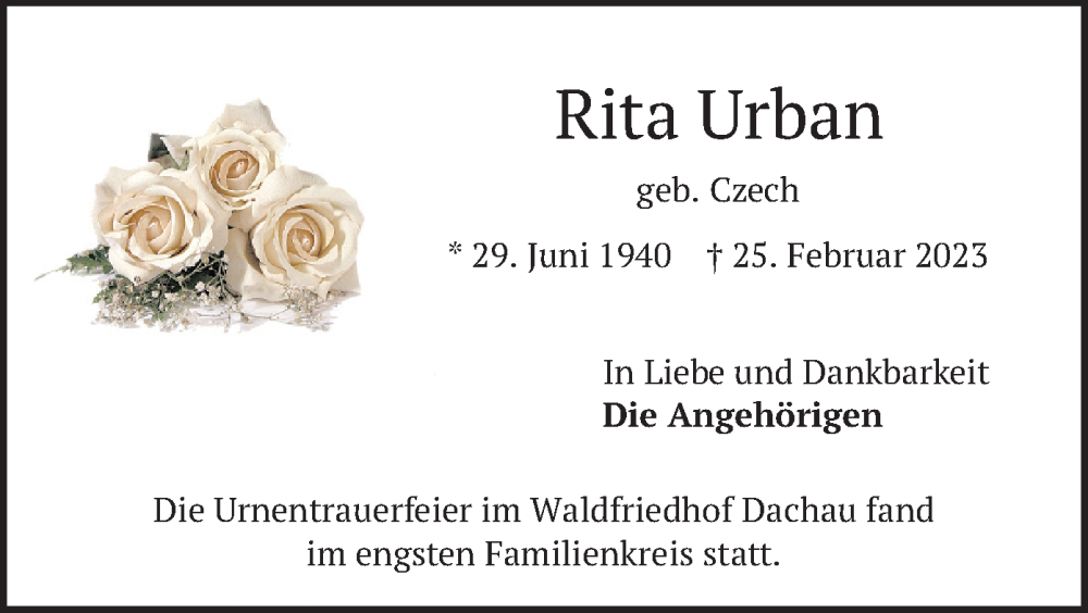  Traueranzeige für Rita Urban vom 05.04.2023 aus merkurtz