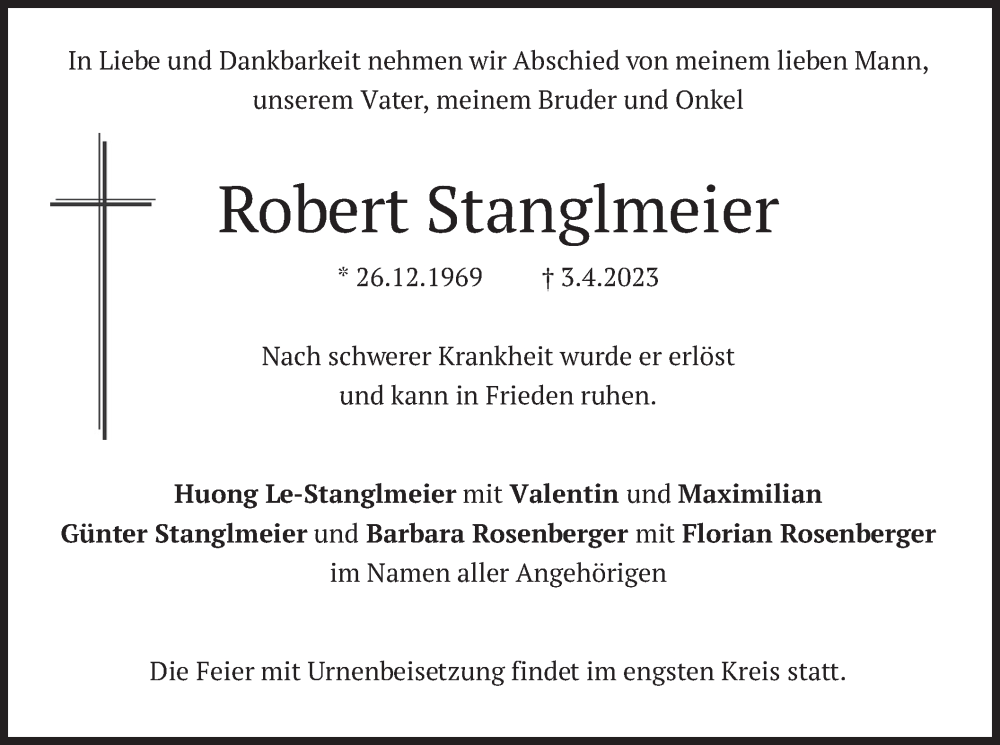  Traueranzeige für Robert Stanglmeier vom 22.04.2023 aus merkurtz