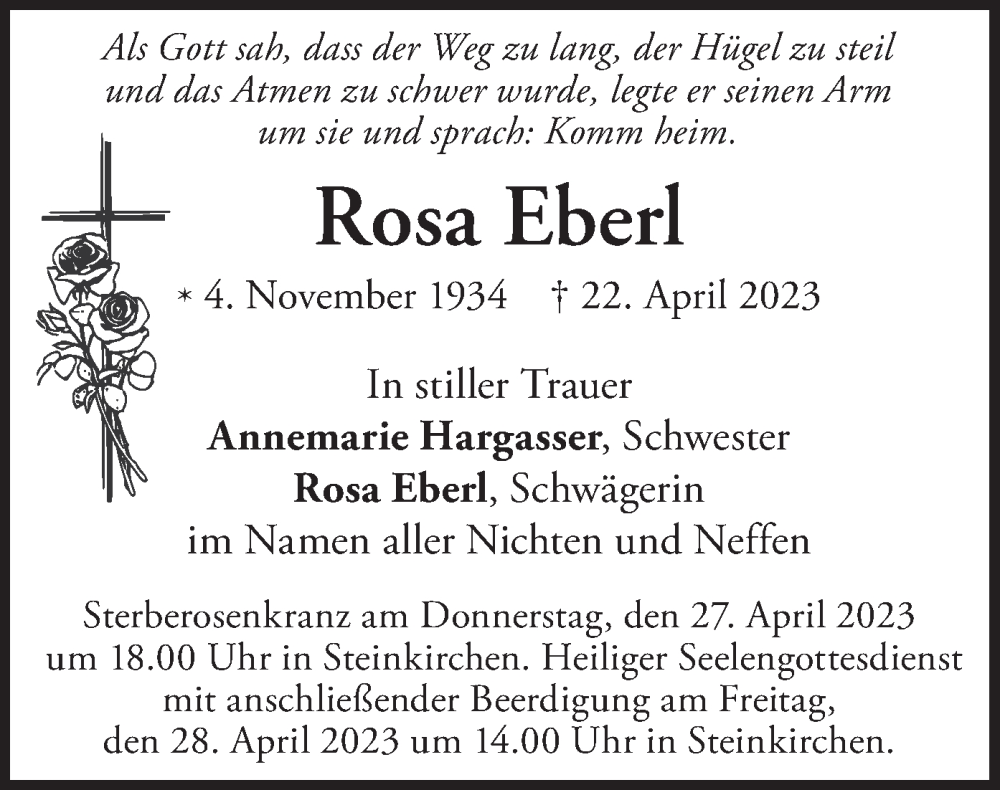  Traueranzeige für Rosa Eberl vom 26.04.2023 aus merkurtz