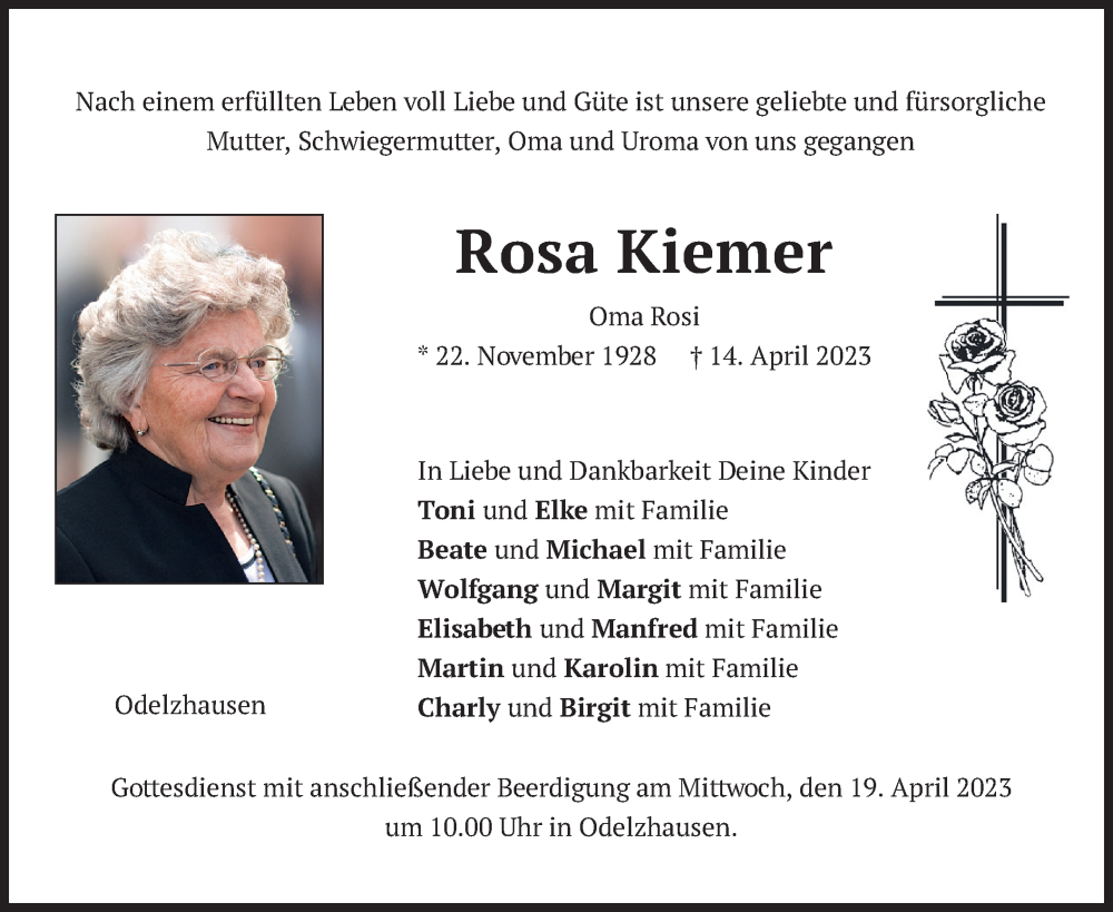  Traueranzeige für Rosa Kiemer vom 17.04.2023 aus merkurtz