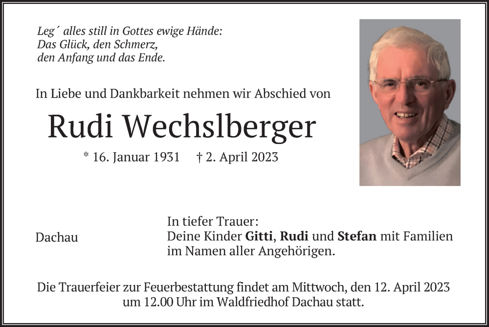  Traueranzeige für Rudi Wechslberger vom 08.04.2023 aus merkurtz