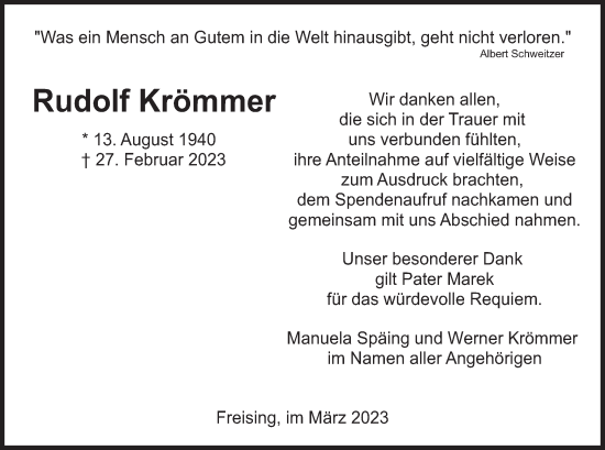 Traueranzeige von Rudolf Krömmer von merkurtz