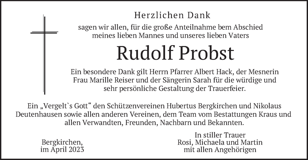  Traueranzeige für Rudolf Probst vom 08.04.2023 aus merkurtz