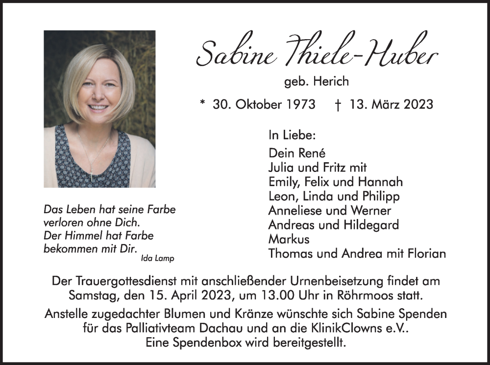  Traueranzeige für Sabine Thiele-Huber vom 08.04.2023 aus merkurtz