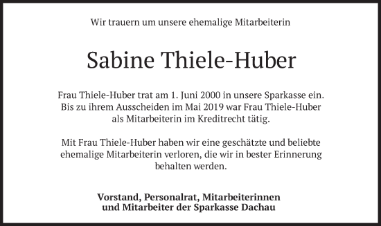 Traueranzeige von Sabine Thiele-Huber von merkurtz
