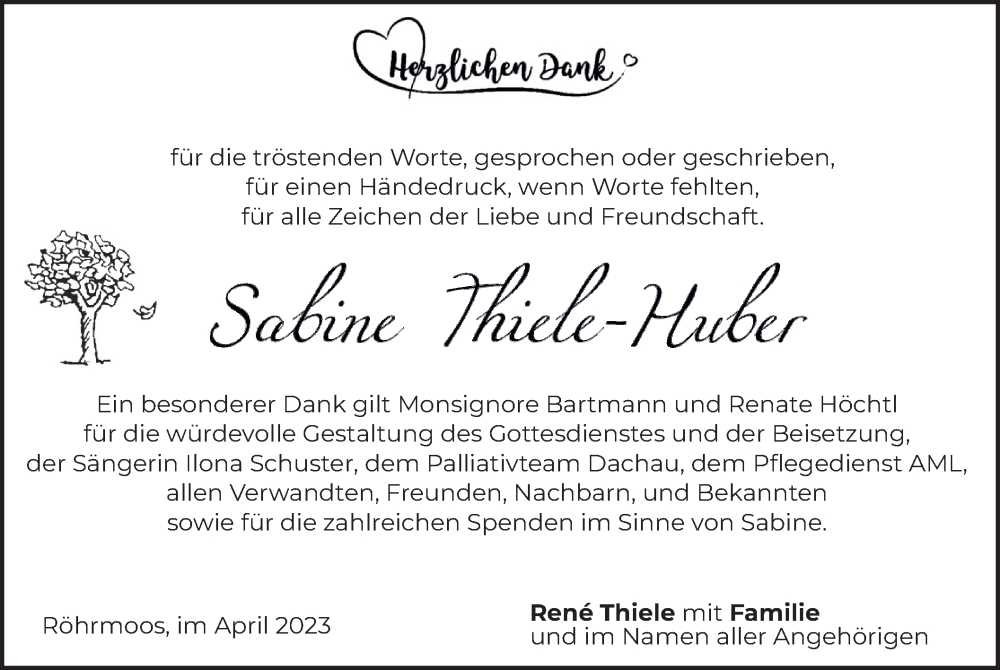  Traueranzeige für Sabine Thiele-Huber vom 29.04.2023 aus merkurtz