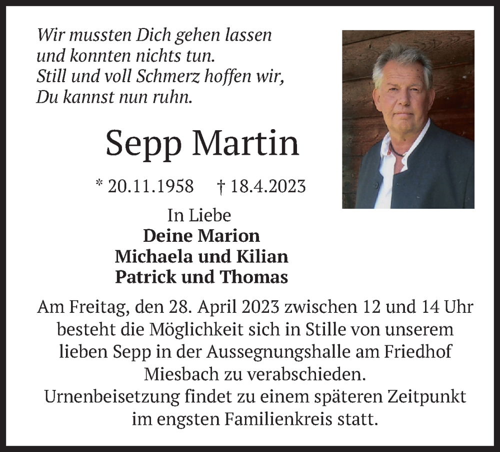  Traueranzeige für Sepp Martin vom 26.04.2023 aus merkurtz
