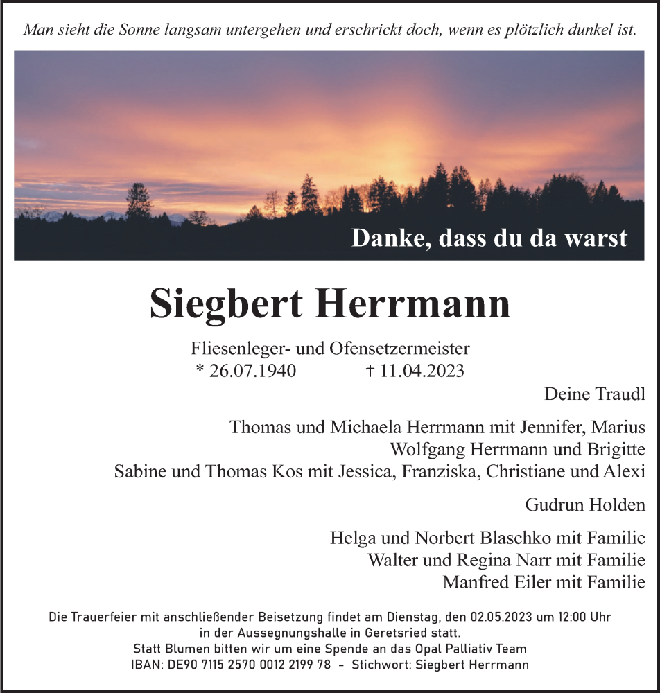  Traueranzeige für Siegbert Herrmann vom 22.04.2023 aus merkurtz