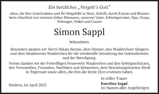 Traueranzeige von Simon Sappl von merkurtz