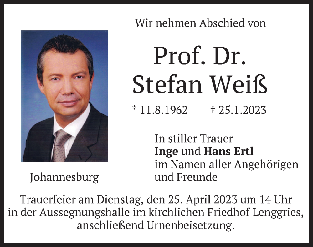  Traueranzeige für Stefan Weiß vom 22.04.2023 aus merkurtz