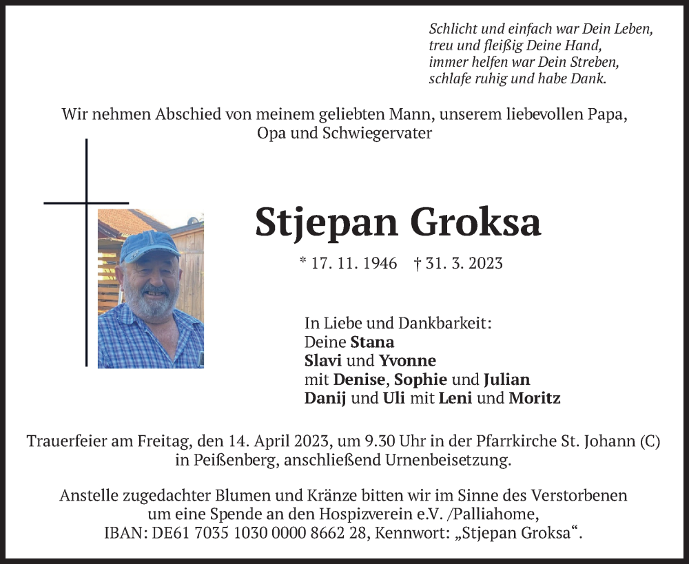  Traueranzeige für Stjepan Groksa vom 12.04.2023 aus merkurtz