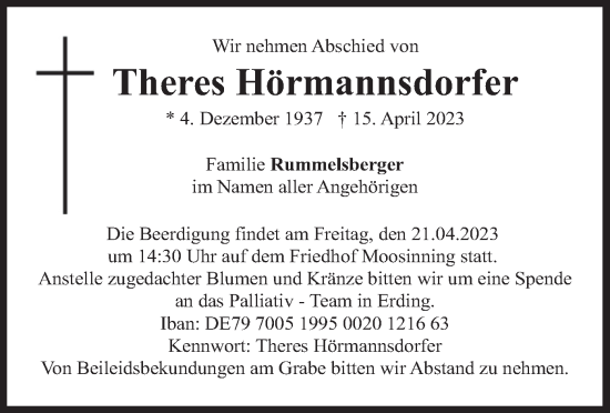 Traueranzeige von Theres Hörmannsdorfer von merkurtz