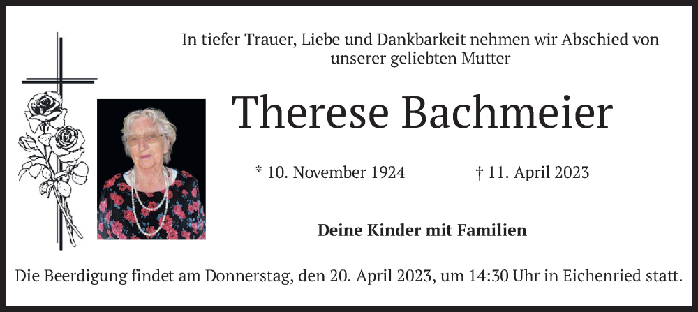  Traueranzeige für Therese Bachmeier vom 18.04.2023 aus merkurtz