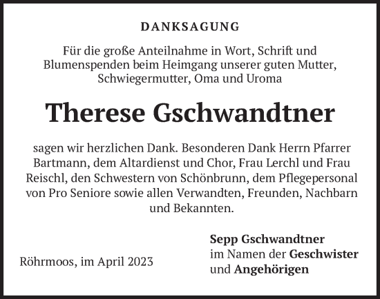 Traueranzeige von Therese Gschwandtner von merkurtz