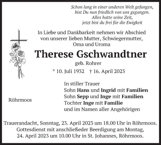 Traueranzeige von Therese Gschwandtner von merkurtz