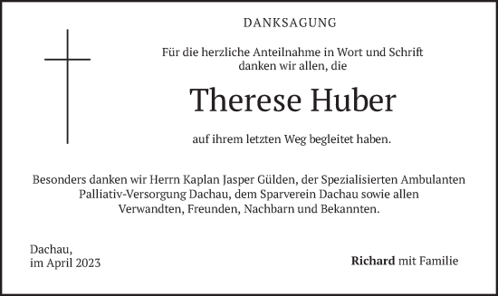 Traueranzeige von Therese Huber von merkurtz