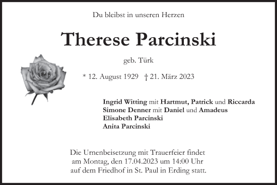 Traueranzeige von Therese Parcinski von merkurtz