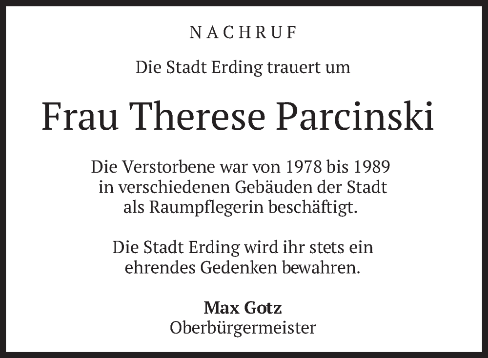 Traueranzeige für Therese Parcinski vom 19.04.2023 aus merkurtz