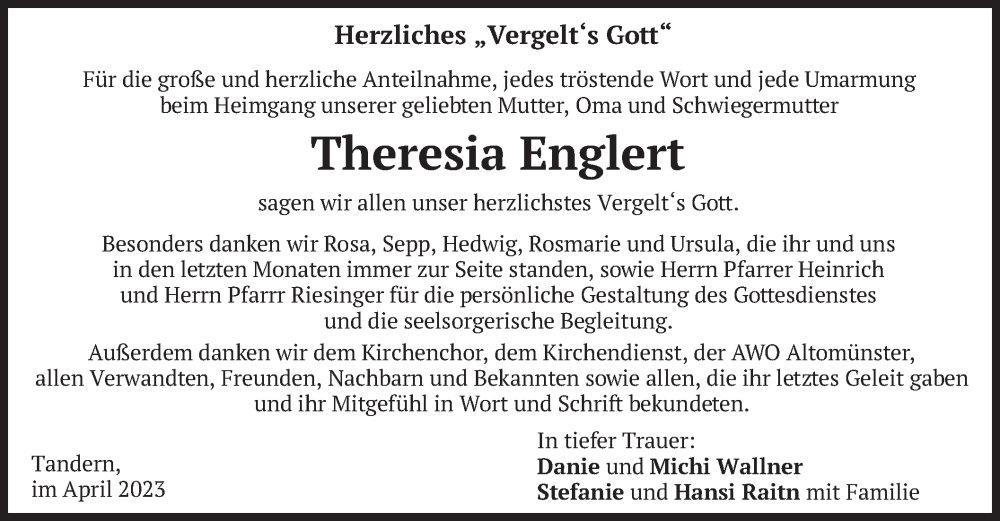  Traueranzeige für Theresia Englert vom 06.04.2023 aus merkurtz