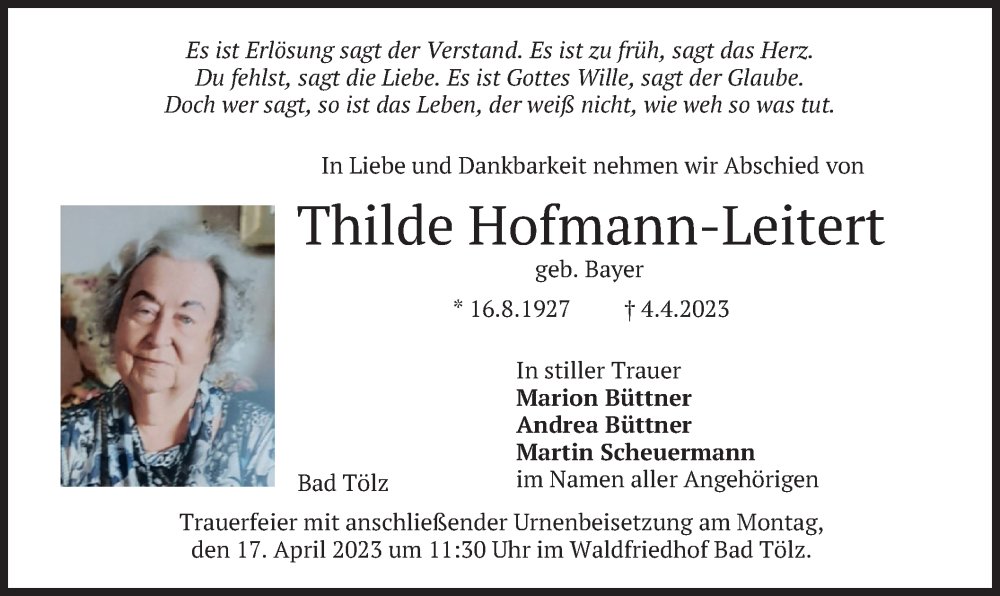  Traueranzeige für Thilde Hofmann-Leitert vom 14.04.2023 aus merkurtz