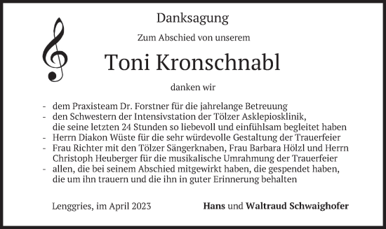 Traueranzeige von Toni Kronschnabl von merkurtz
