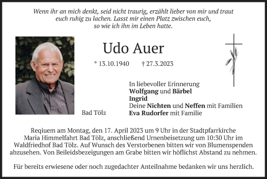 Traueranzeige von Udo Auer von merkurtz