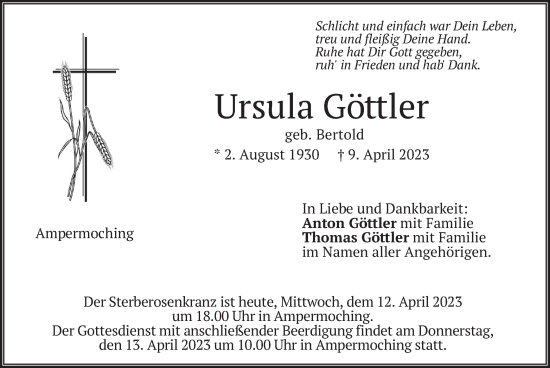 Traueranzeige von Ursula Göttler von merkurtz