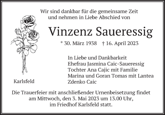Traueranzeige von Vinzenz Saueressig von merkurtz