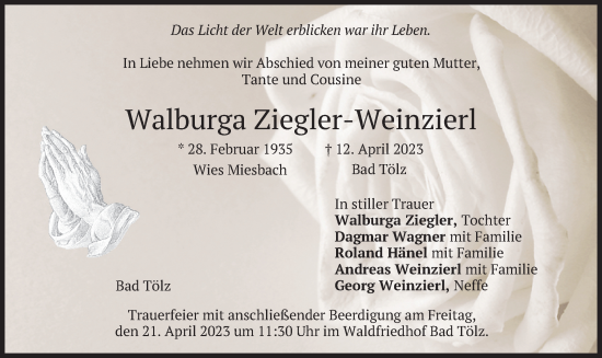 Traueranzeige von Walburga Ziegler-Weinzierl von merkurtz