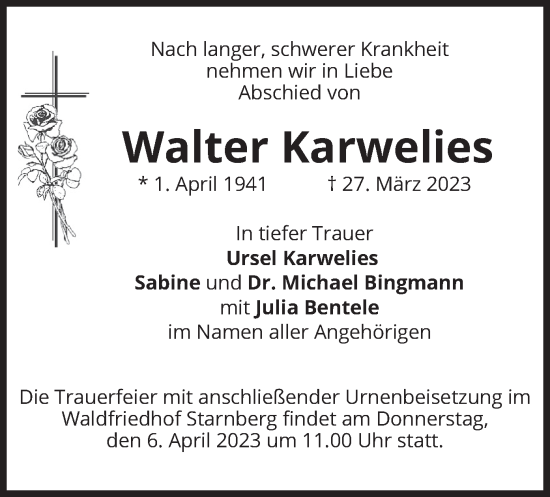 Traueranzeige von Walter Karwelies von merkurtz