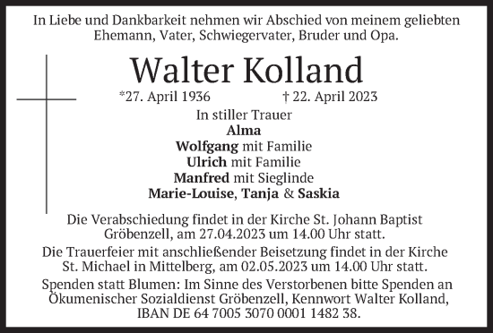 Traueranzeige von Walter Kolland von merkurtz