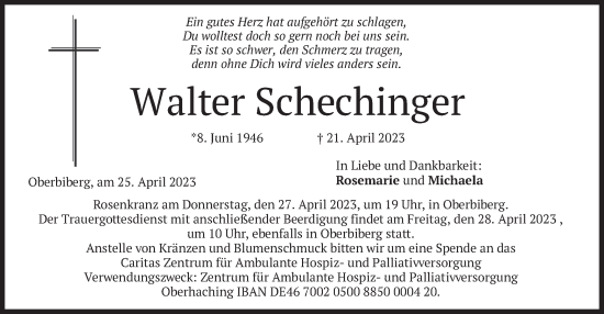 Traueranzeige von Walter Schechinger von merkurtz